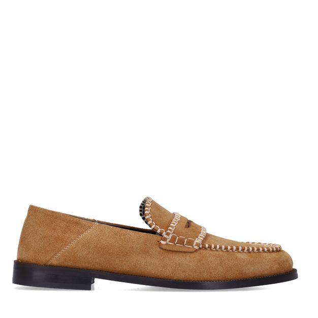 Cognac suède loafers met gestikte details
