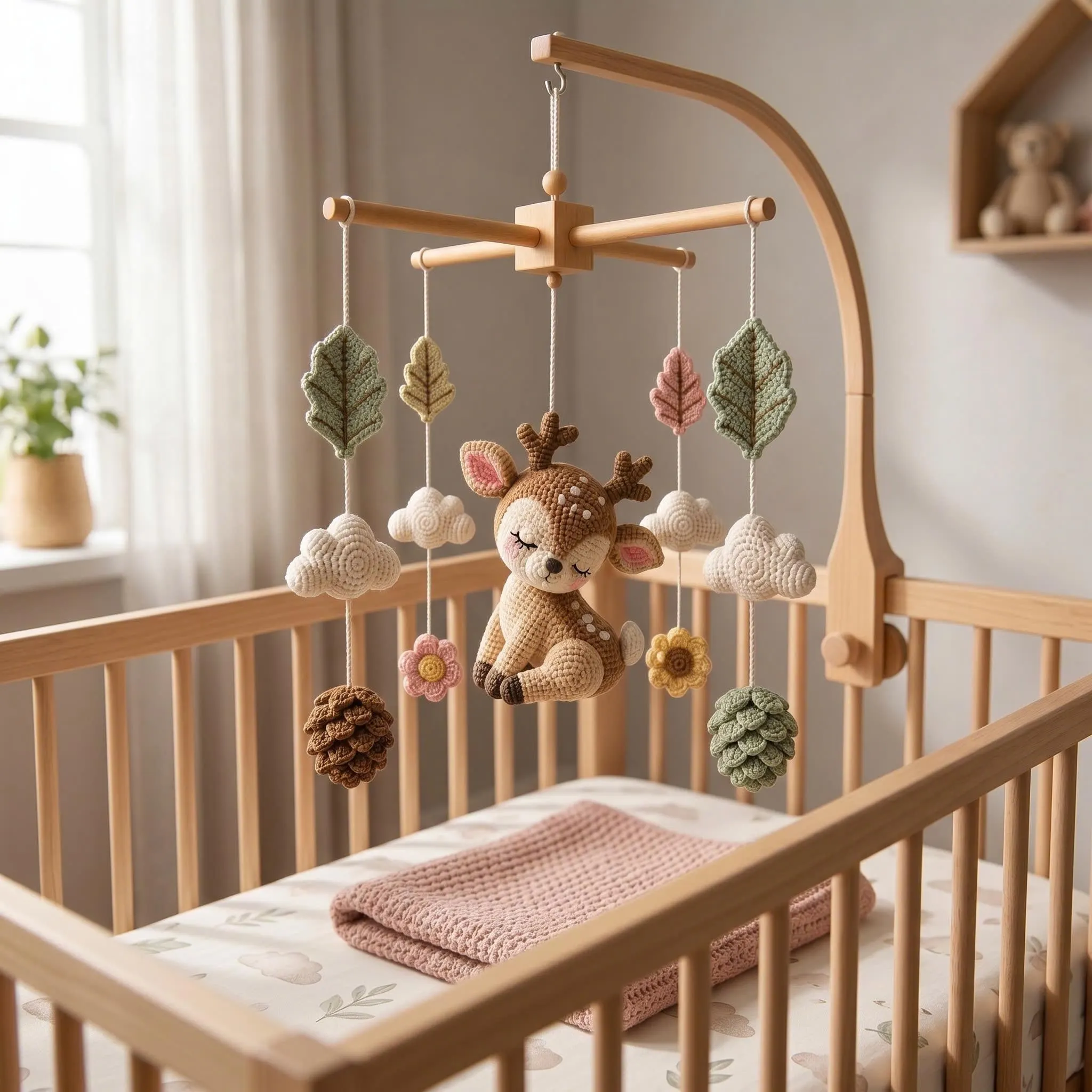 Crochet Baby Mobile, Woodland Deer Crib Mobile, Handmade Nursery Decor, Baby Shower Gift, Boho Gender Neutral Baby Room Decor