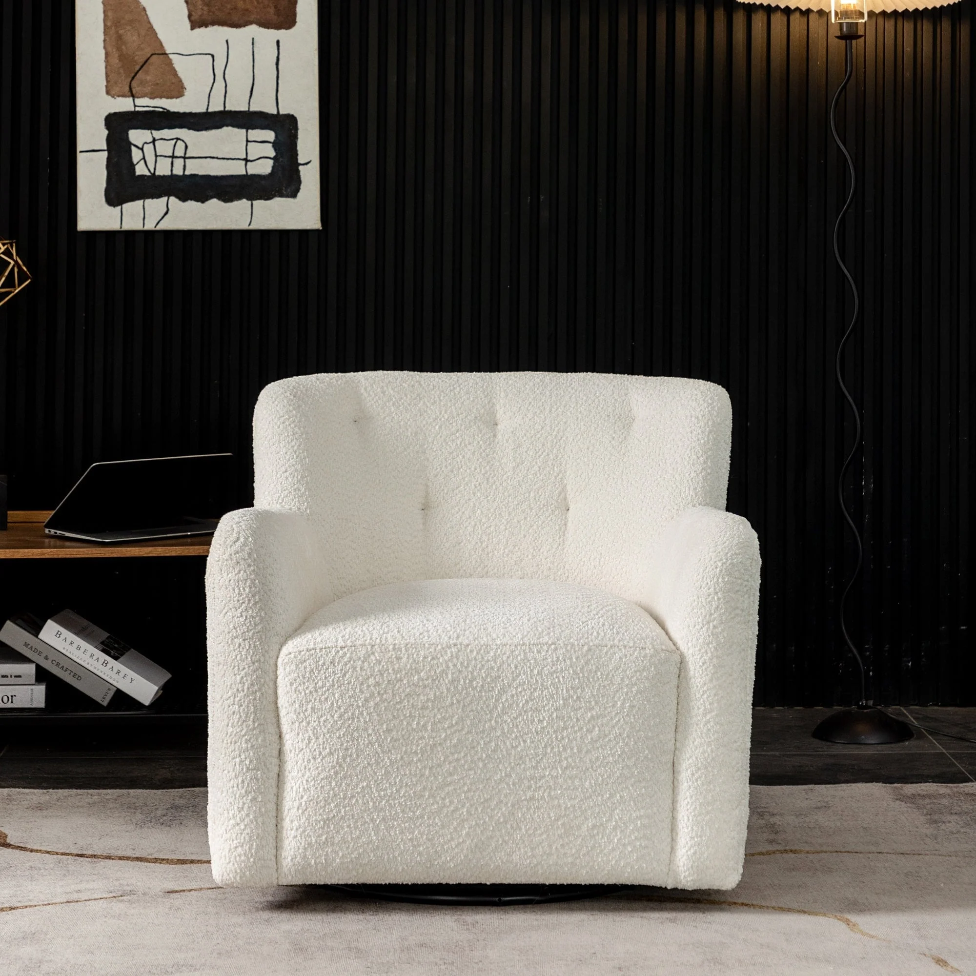 KINWELL 32.5 W Swivel Chenille Armchair Tufted Back Barrel Chair