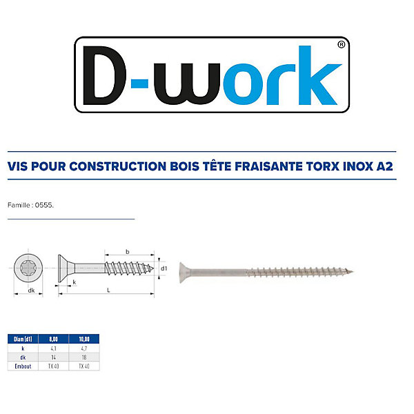50 Vis Bois Tête Fraisée Torx T40 8 x 140 mm - Inox A2 - D-Work