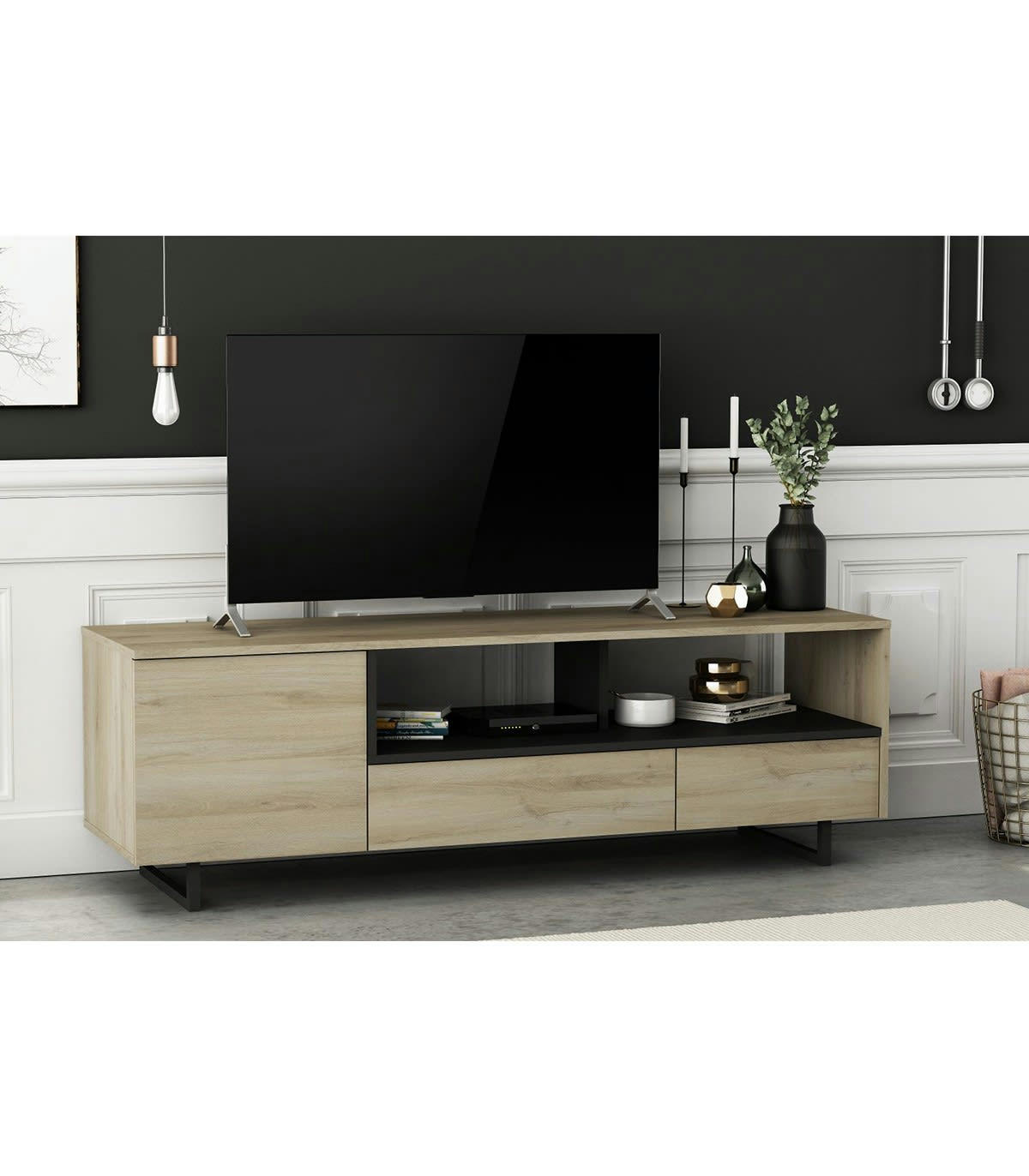HARVEY - Meuble TV avec 1 Porte et 2 Tiroirs L147 cm - Décor bois et noir