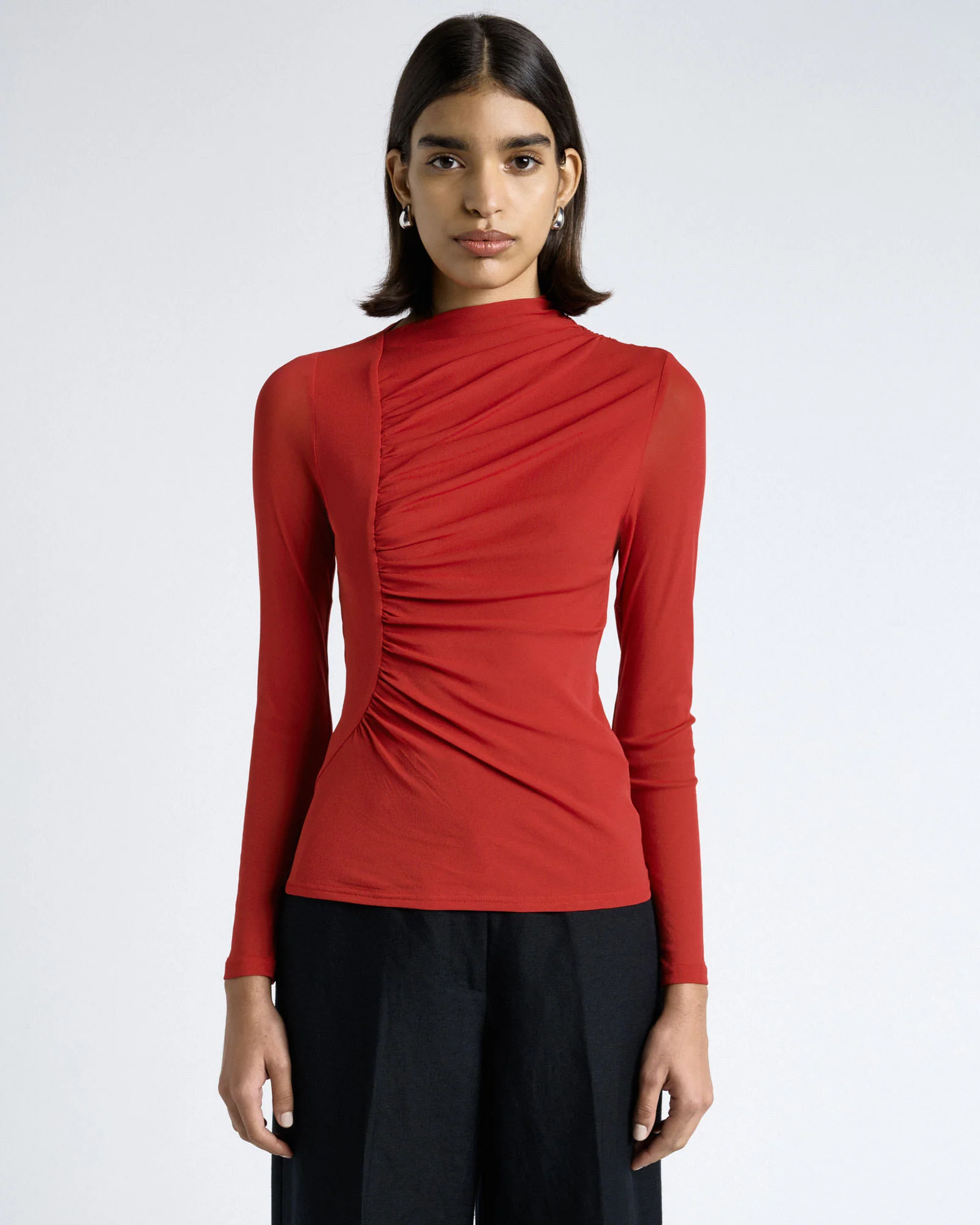 Ruched Mesh Long Sleeve Top