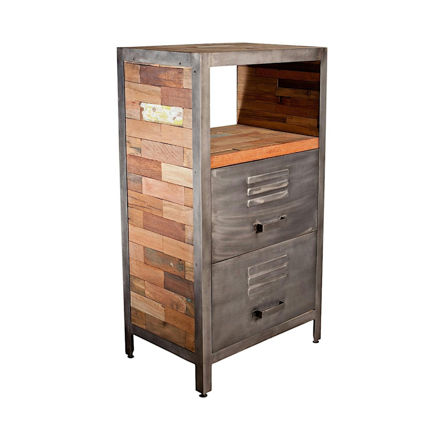 Meuble de rangement bois recyclé 1 niche et 2 tiroirs métal 60x40x110cm CARAVELLE