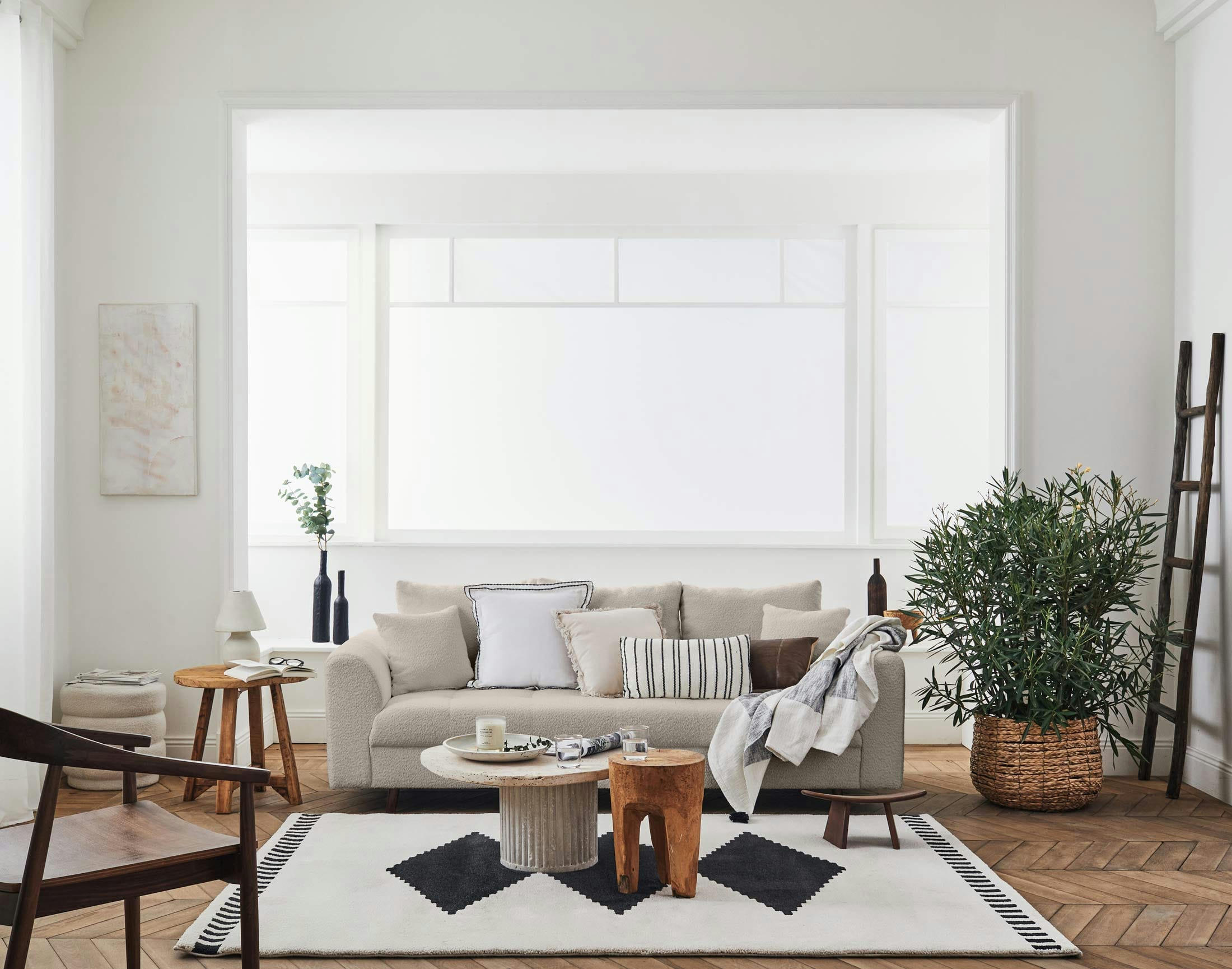 RUNE - Canapé droit 3 places en tissu bouclette beige