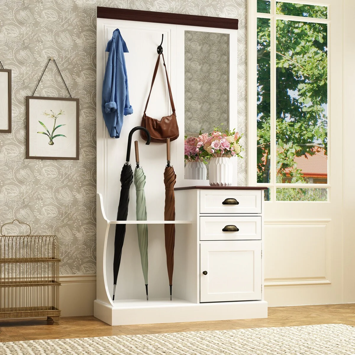 35.4x69.9 White Hall Tree Entryway Table Ample Storage Space Mirror