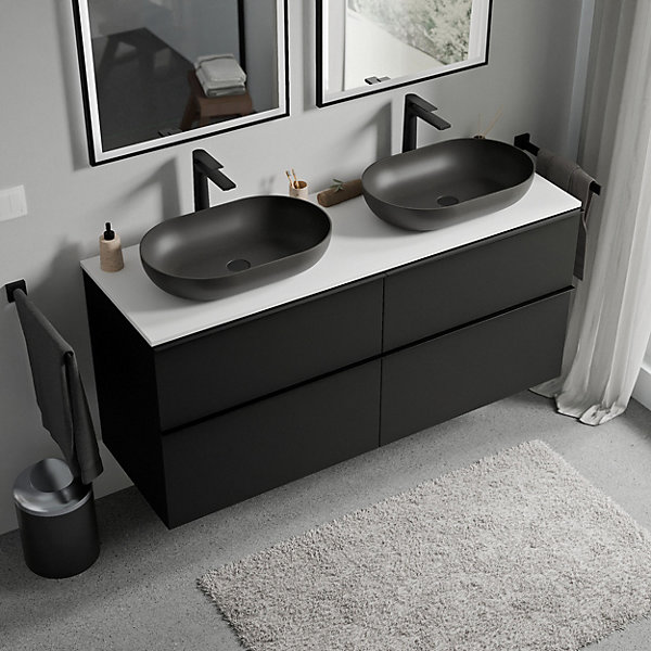 Meuble sous vasque suspendu MDF Noir mat, plan vasque Blanc mat, poignée Noir mat - 120x46x62cm - LAVOA
