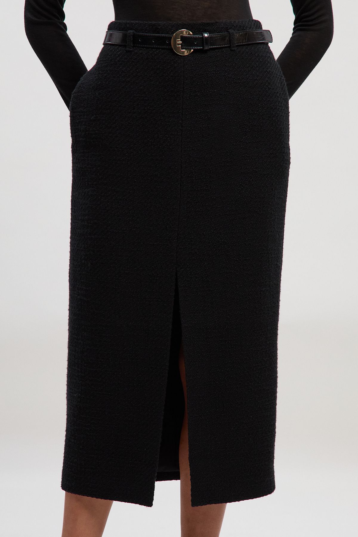 KarenMillen Textured Tweed Tailored Belted Pencil Skirt