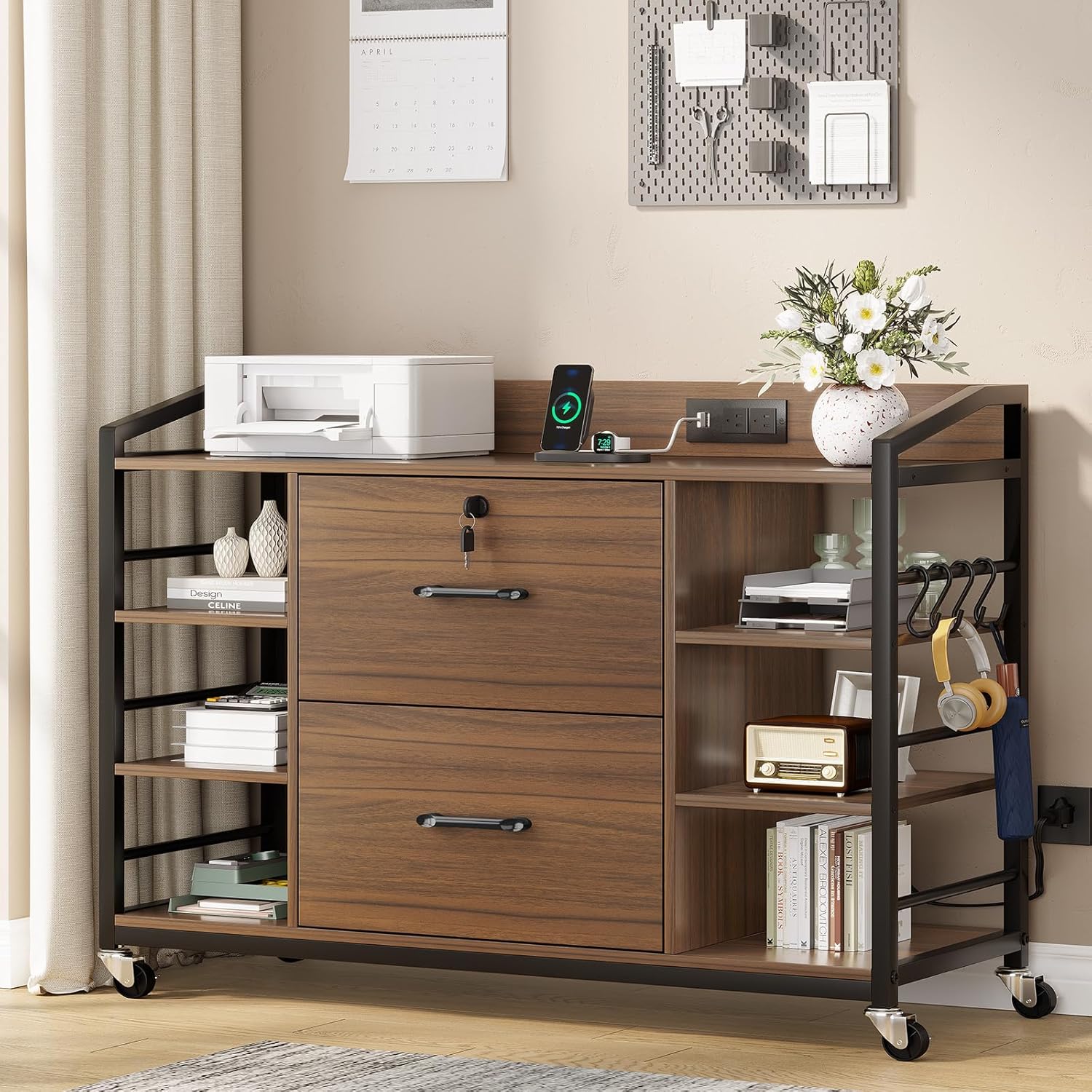 SEDETA 44 File Cabinet, Filing Cabinet fits Legal/Letter Size, 2 Drawer File Cabinets for Home Office with Lock, Power Strip, 6 Storage Shelves, Walnut Brown