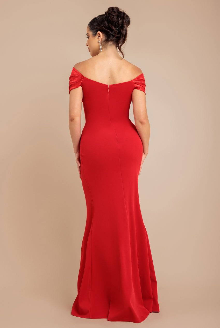 Goddiva Satin & Scuba Off The Shoulder Maxi Dress