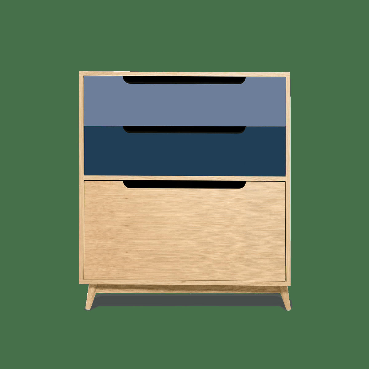 MOKA - Commode peu profonde, 3 tiroirs, chêne et bicolore bleu- 96*86*40