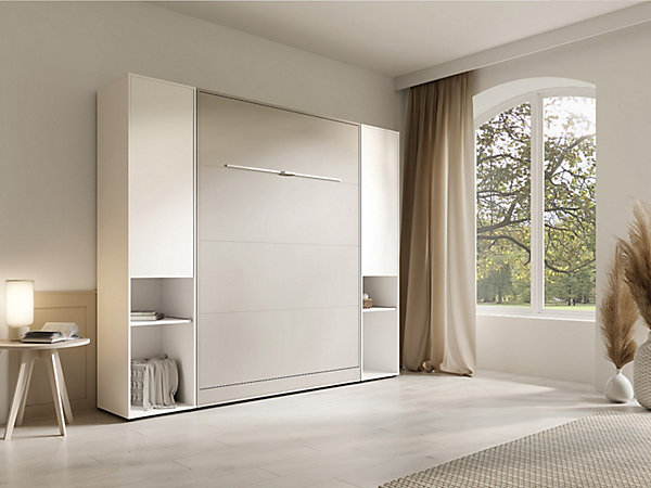 Lit escamotable vertical 160 x 200 cm - 2 colonnes de rangement - Avec LEDs - Beige   Matelas - RAPILI
