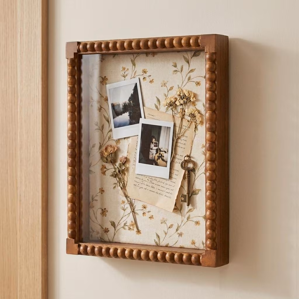Brown Beaded Shadow Box Frame with Pin Board, 11x14/8x10 Pinboard Display Frame With Floral Fabric Lining, Memory Photo Ticket Keepsake