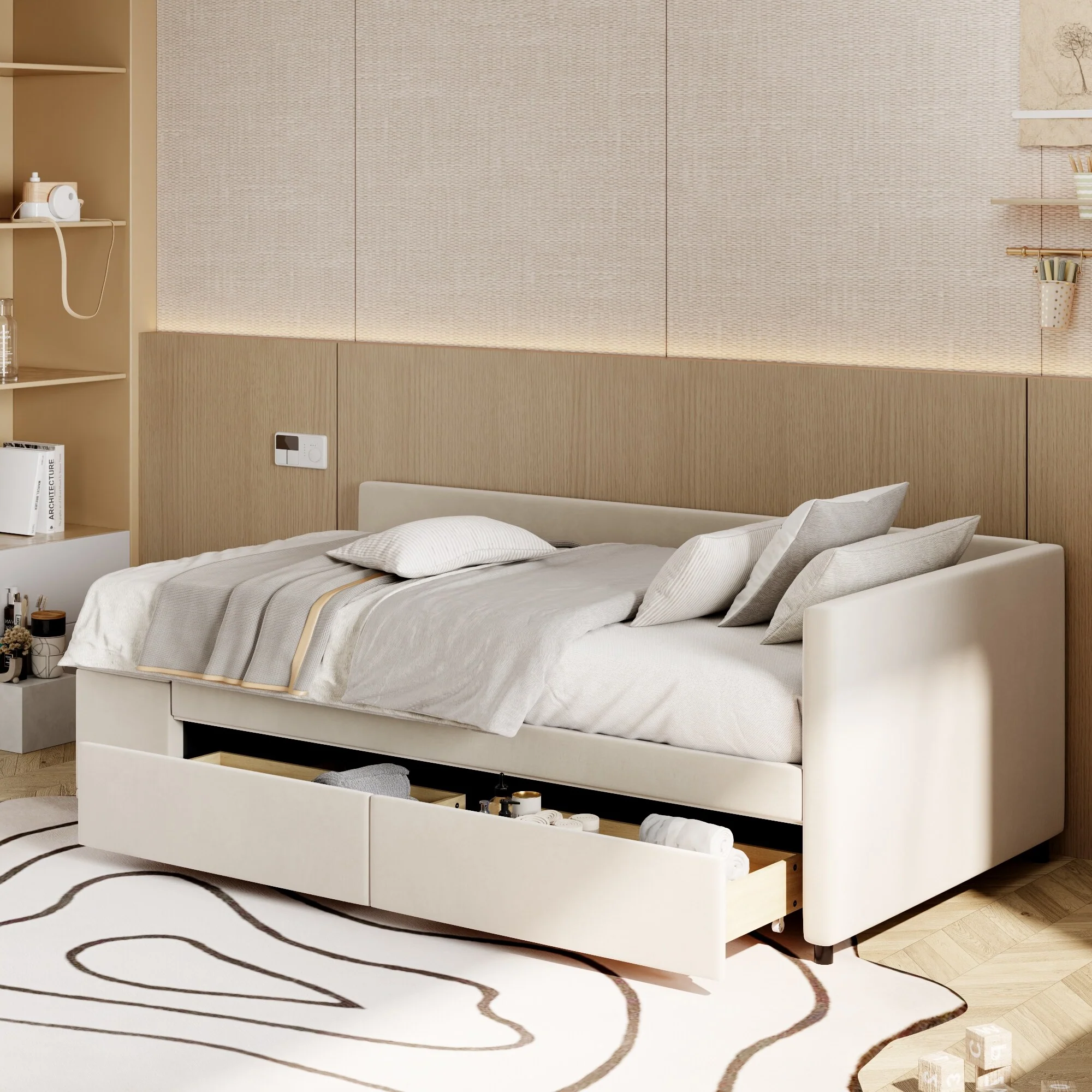 Twin Upholstered Platform Bed with Plush Headboard, L-Shaped Design