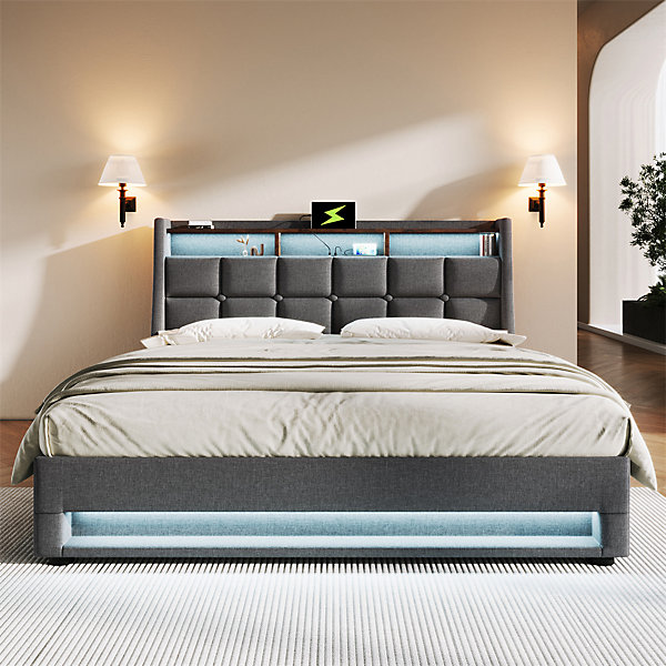 lit rembourré hydraulique 160x200 cm, lit de rangement LED avec port USB, sommier à lattes et cadre métallique, lin, gris