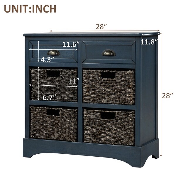Rustic Antique Navy Storage Cabinet with Two Drawers and Four Rattan Basket