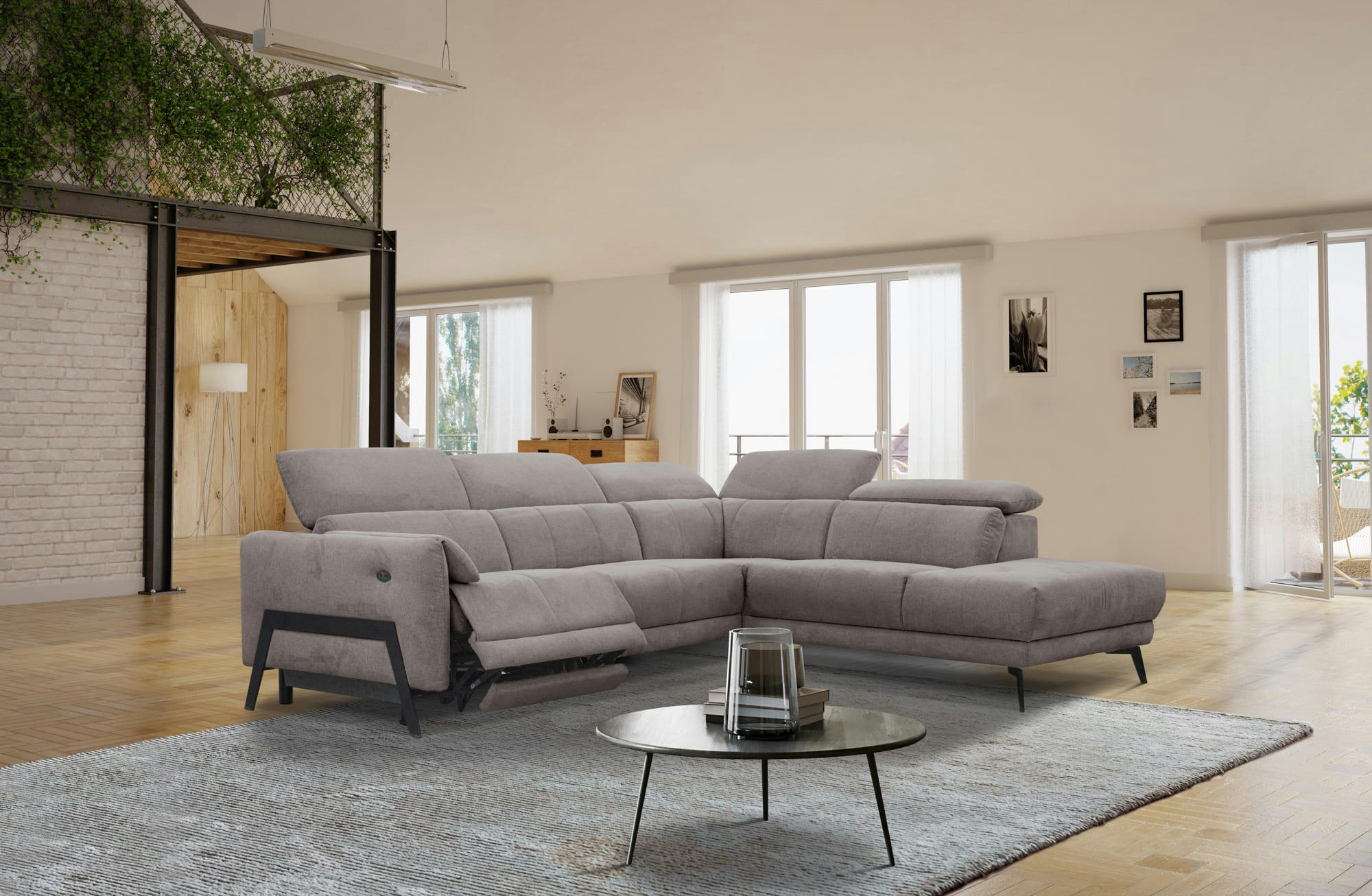 SCALA - Canapé d'angle droit 5 places avec une relax électrique, Tissu Brun