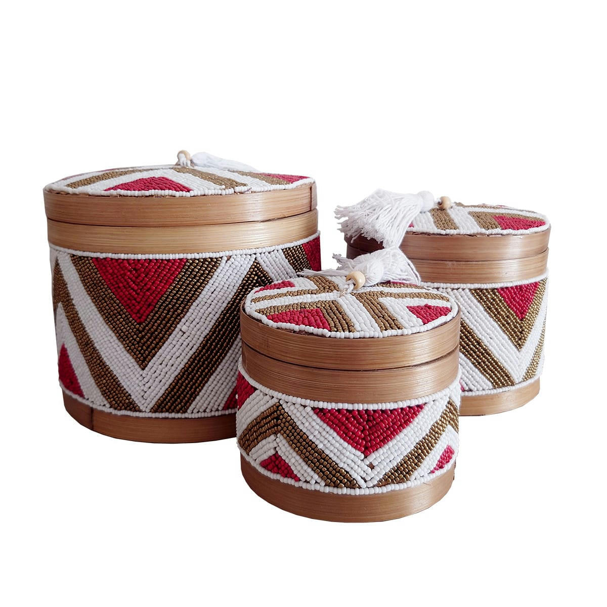 INDY - Boîtes rondes en perles et coquillages - lot de 3