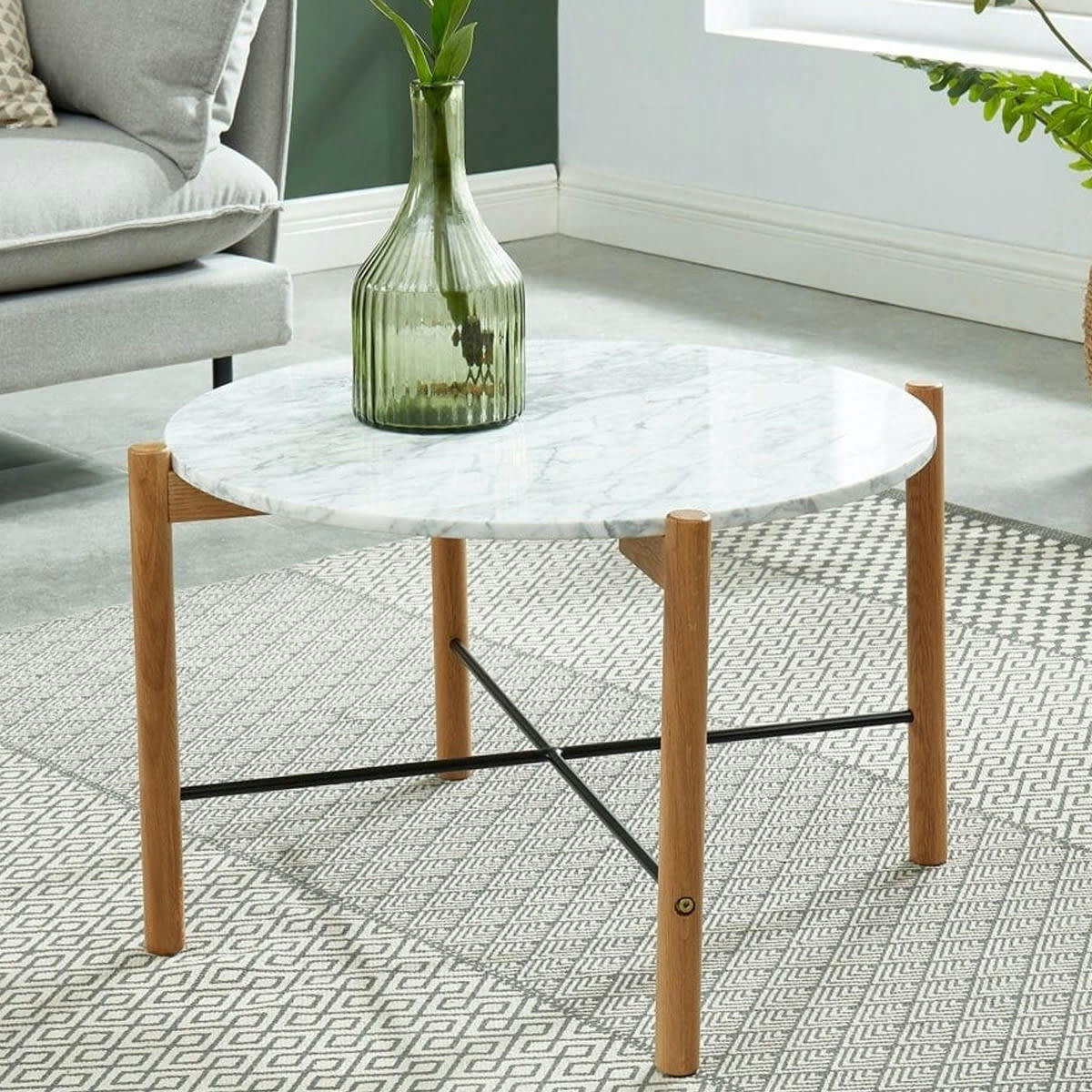 ANNA - Table basse ronde 60 cm en marbre blanc et pieds en chêne
