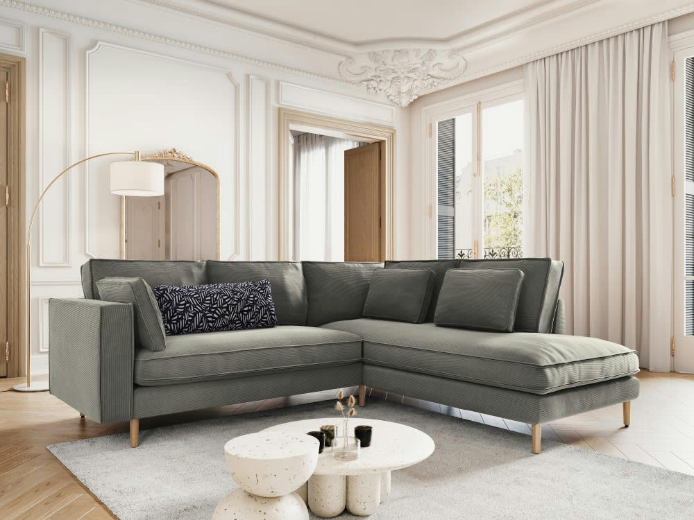 ALEXIS - Canapé d'angle 5 places en tissu structuré gris clair