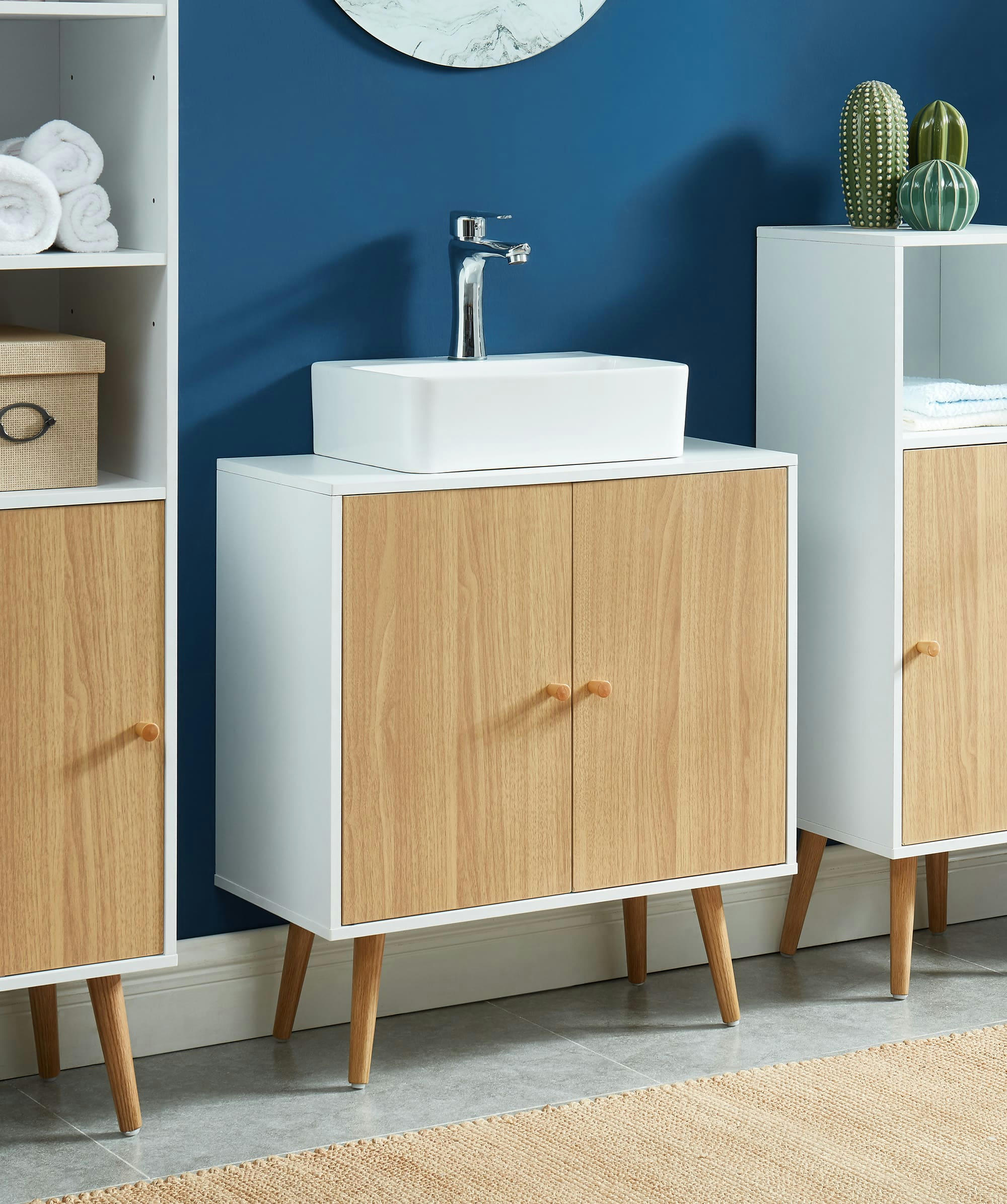 MAX - Meuble sous-vasque   blanc et effet bois et chêne  2 portes 60cm