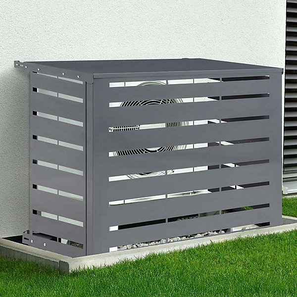 Cache climatiseur et pompe à chaleur extérieur- métal acier galvanisé 95x50x80 cm - kit fixation - gris