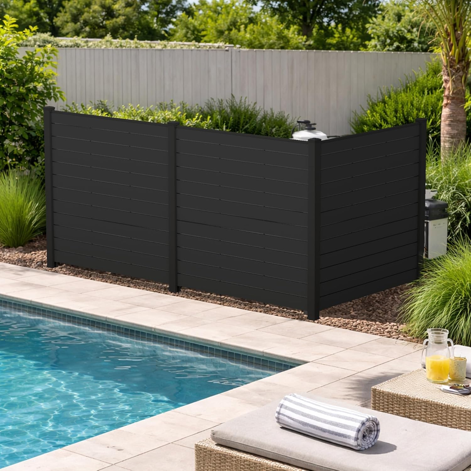 Kozyard 50 W x 48 H Outdoor Privacy Screens Aluminum Post  Air Conditioner Fence Panels  Pool Equipment Enclosure  Trash Can Screens Fence Kit for Outside Backyard Patio(Black/3Panels)