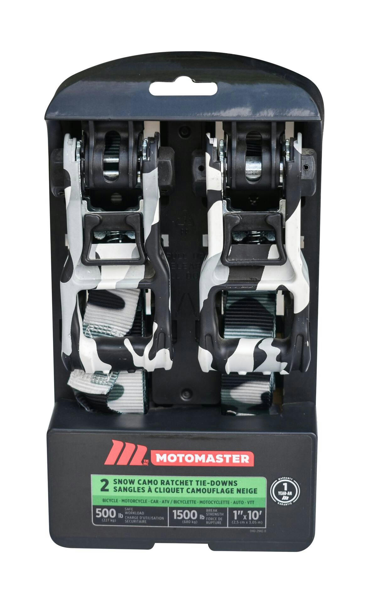 MotoMaster 1,500-lb Snow Camo Ratchet Tie Down, 1-in x 10-ft, 2-pk
