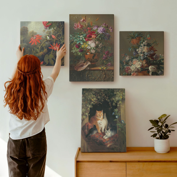 Obraz canvas 4 częściowy Vintage kwiaty koty |40x40, 40x60| Wallfluent