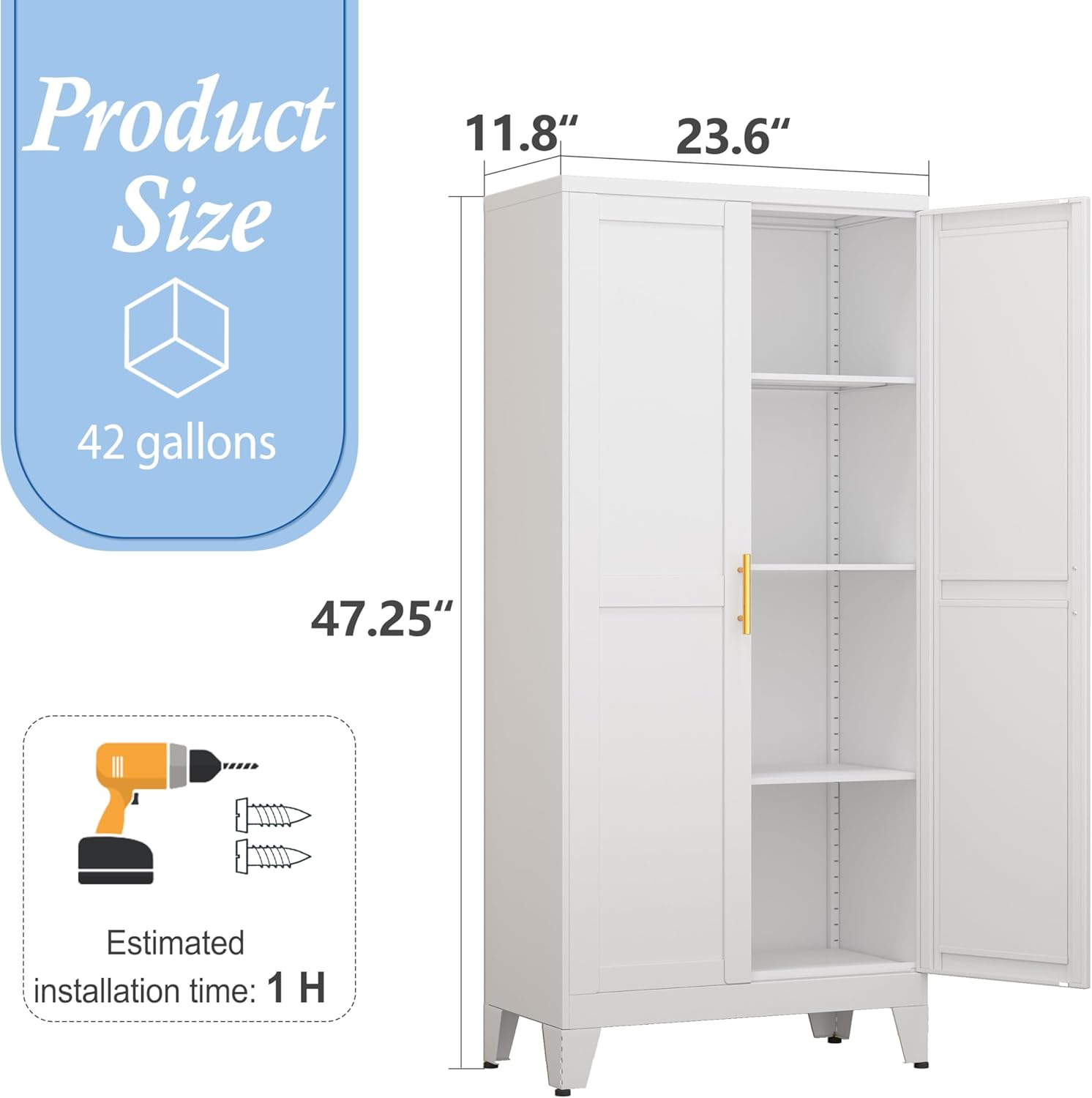 White Metal Storage Cabinet, 48 Steel Cabinets for Home Office, Kitchen Pantry Storage Cabinet with Doors and 3 Adjustable Shelves, for Office, Home, Garage, School