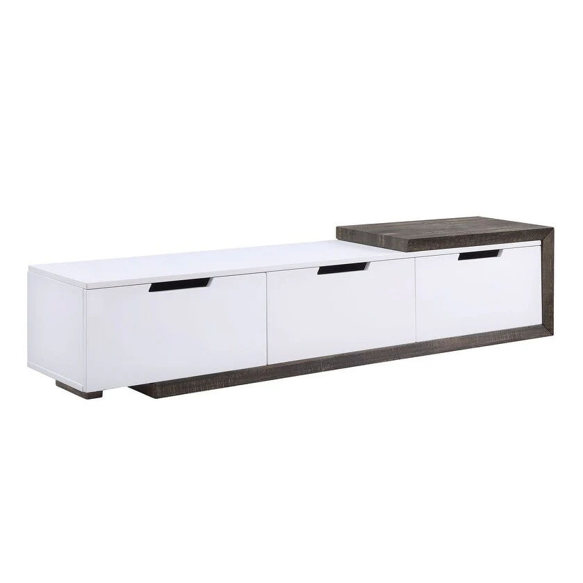 White Mid-Century Modern Extendable TV Stand with 3 Drawers & Metal Legs for TVs Up to 75