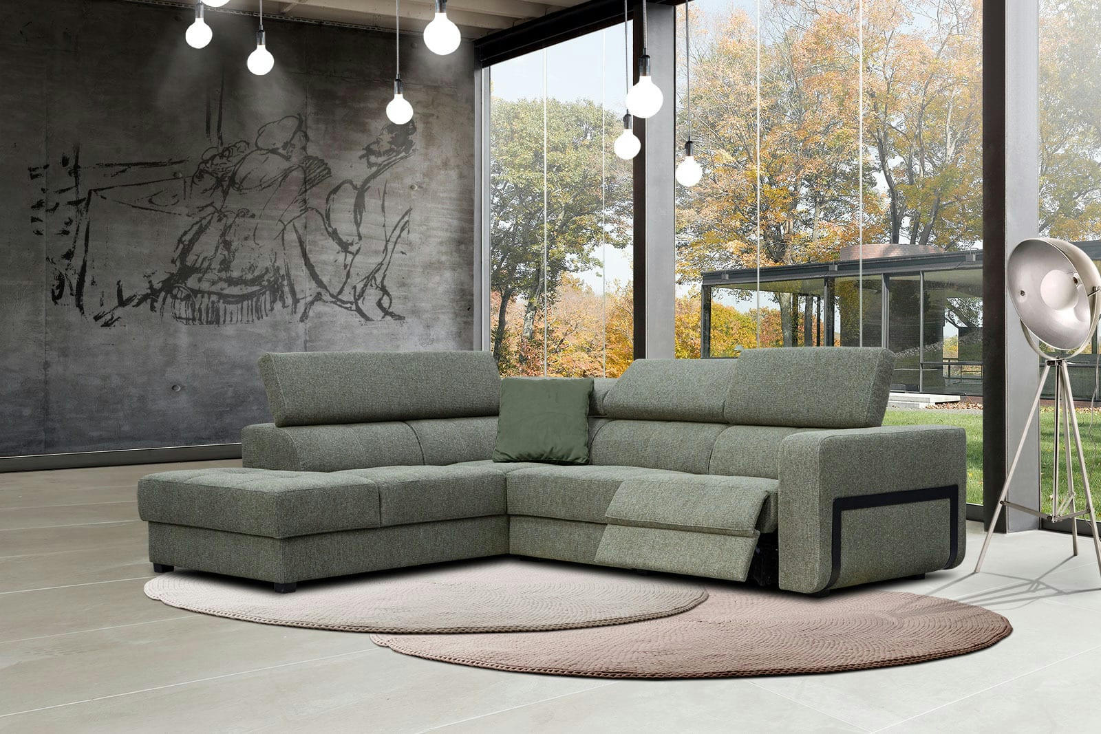 BERGO - Canapé d'angle gauche 5 places avec une relax électrique tissu vert