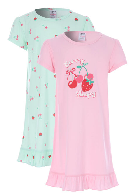 Girls 2pk Mint Cherry Print Frill Nightdresses