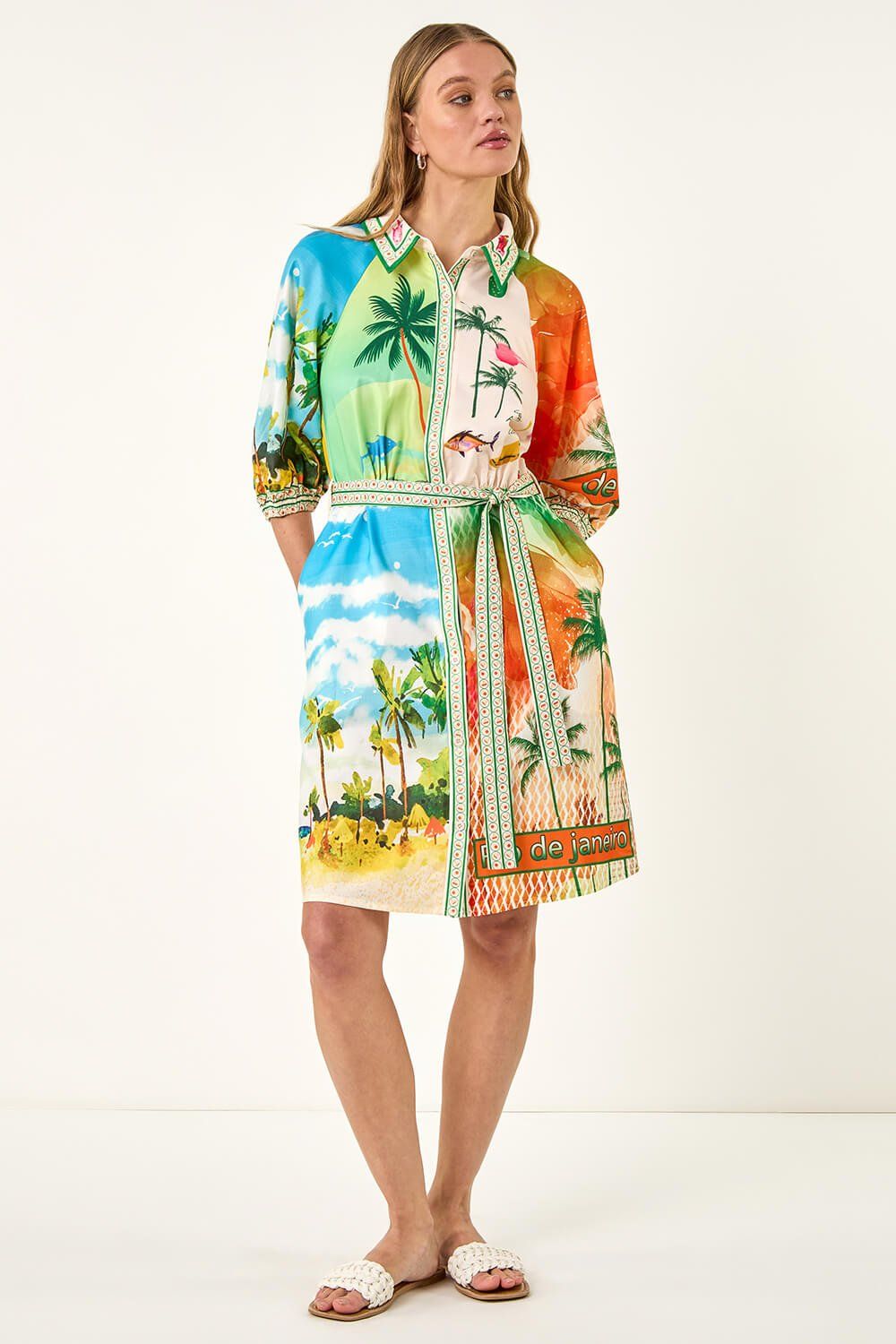 Roman Landscape Print Tie Waist Shirt Dress