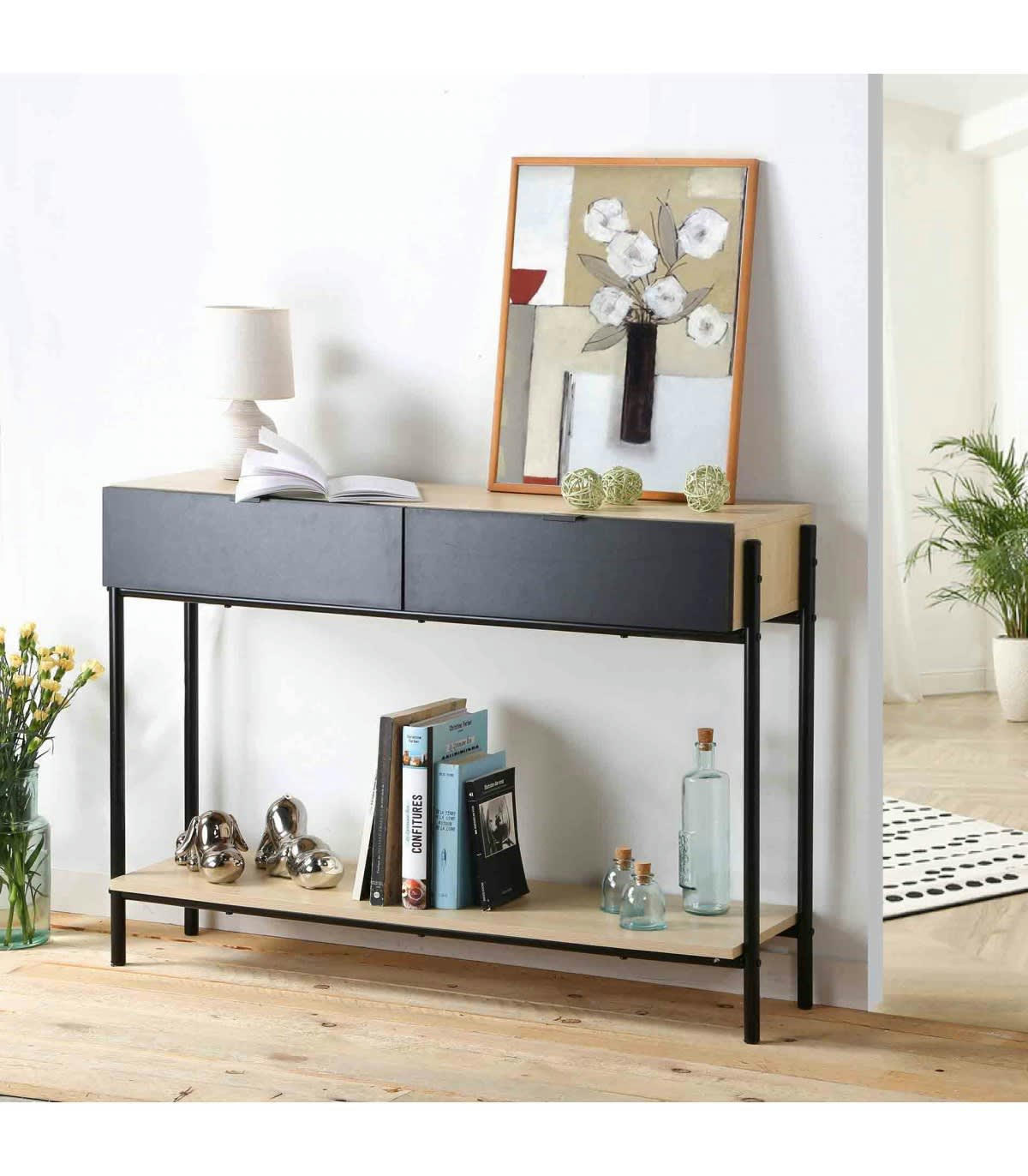 - Console style industriel 2 tiroirs noirs et une tablette couleur chêne