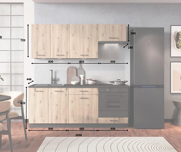 CUISINE COMPLETE ANIKA CHENE 2M00 NON MONTEE SANS ELECTROMENAGER 6 MEUBLES