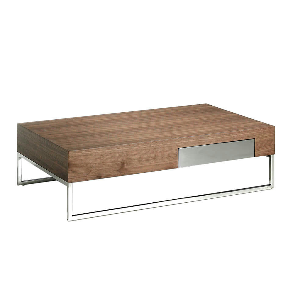 - Table basse effet bois noyer et acier chromé
