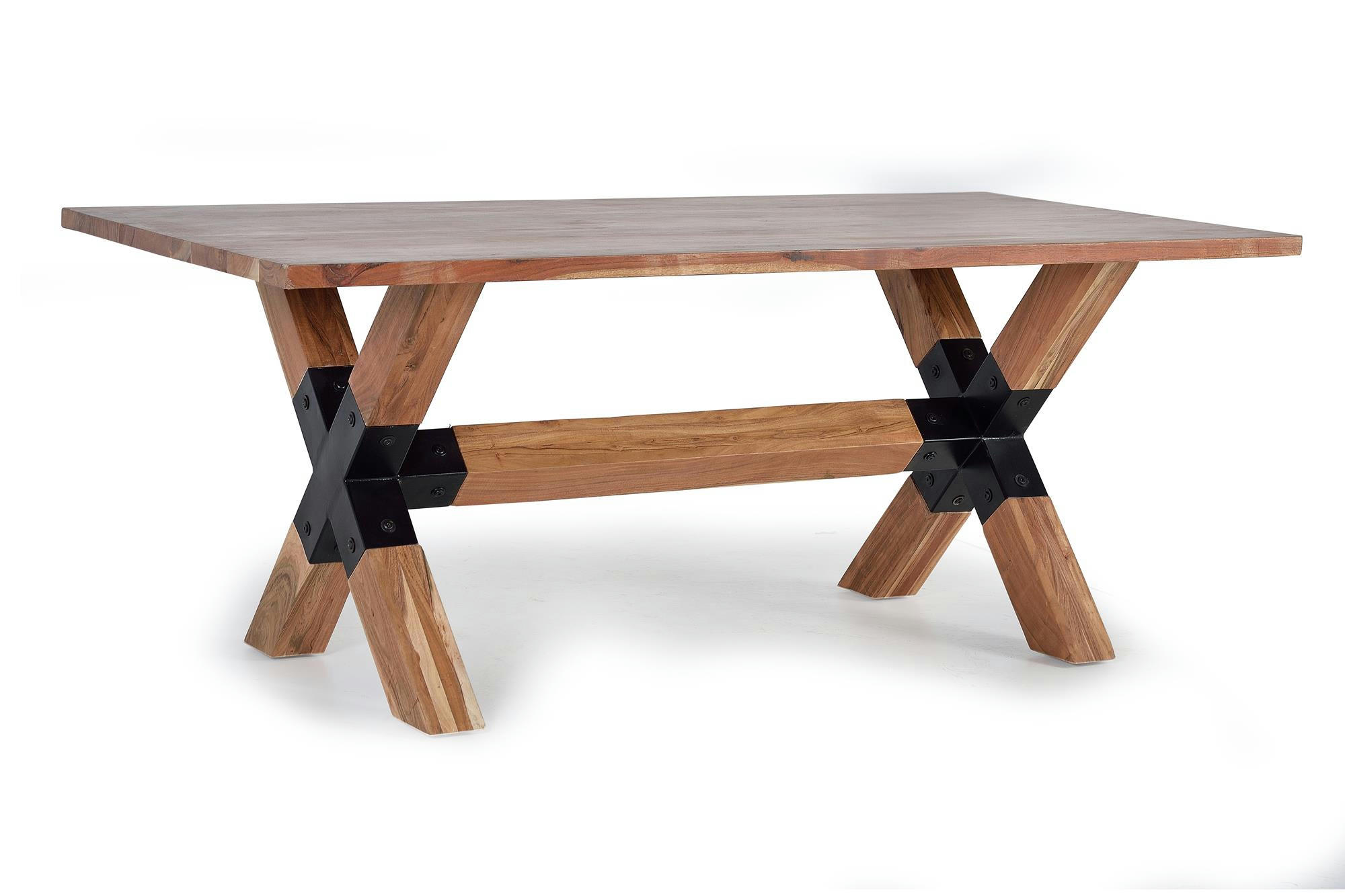 - Table à manger en bois d'acacia naturel et pieds en métal noir