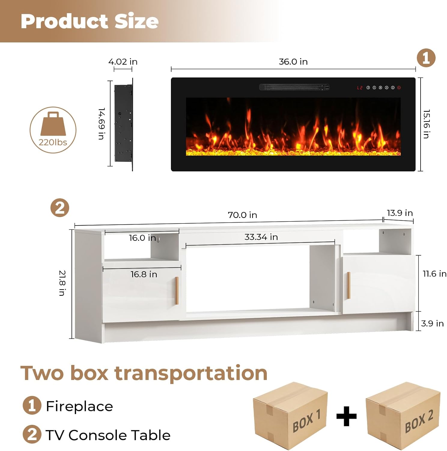 70 Electric Fireplace TV Stand for TVs Up to 80, LED Light Media Console with 36 Electric Heater, Storage Cabinet, Entertainment Center for Living Room, White