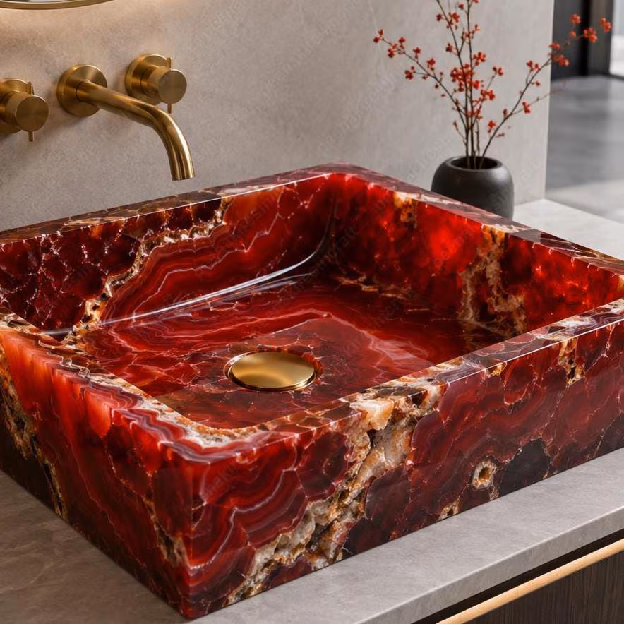 Custom Red Agate Sink | Handmade Square Bathroom Basin | Luxury Natural Stone Washbasin | Modern Vanity Vessel Sink, agate stone basin