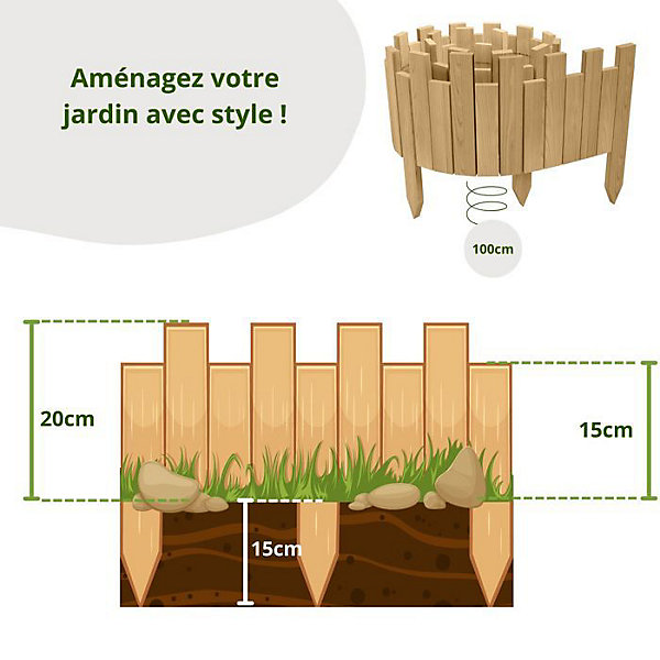 Bordure de jardin - Nature - Bois de pin - 100 cm x 20 cm - Clôture extérieure - Durable