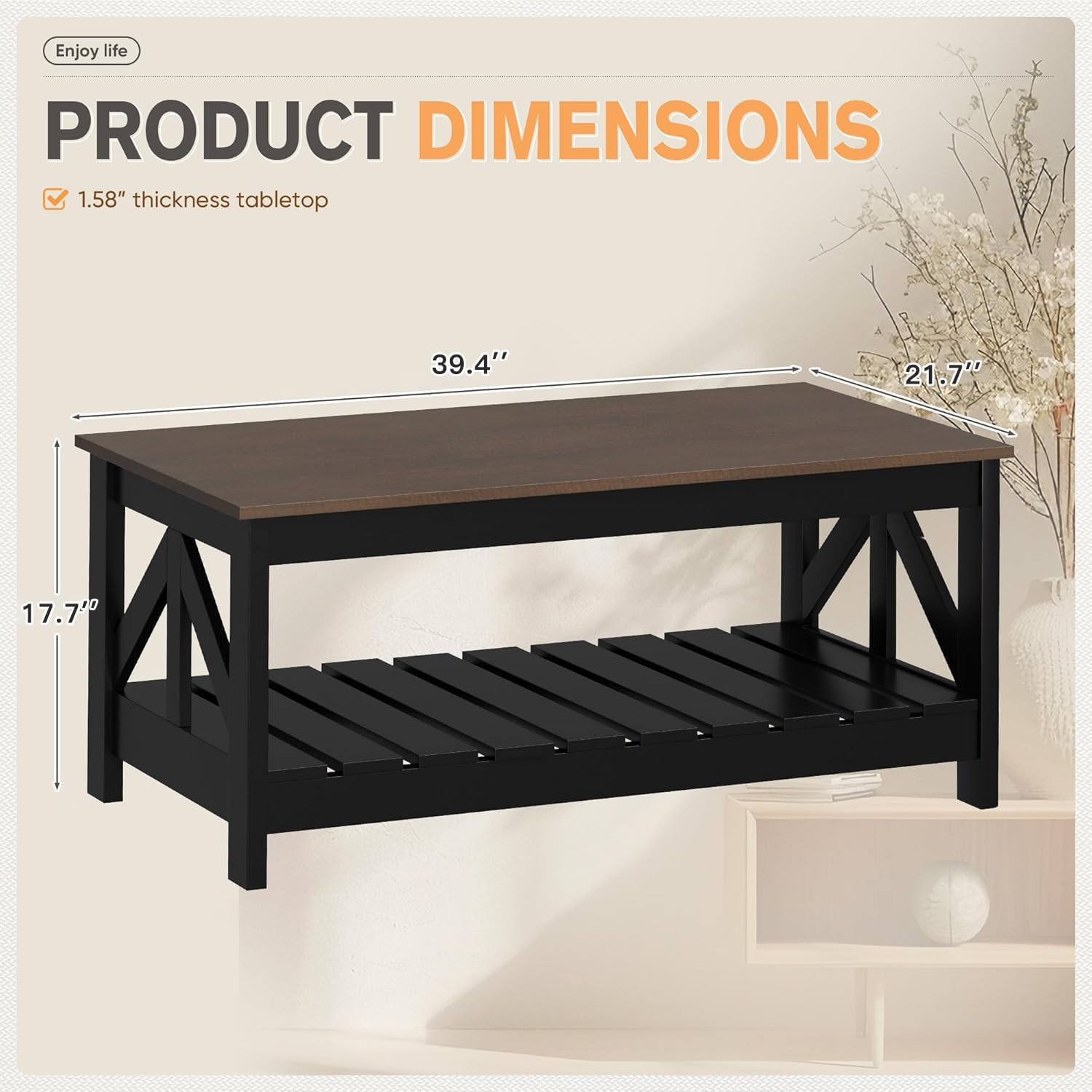YESHOMY Farmhouse Coffee Table, Coffee Tables for Living Room, Farmhouse Square Coffee Table with Storage, Couch Table, Small Tables for Small Spaces, Brown and Black