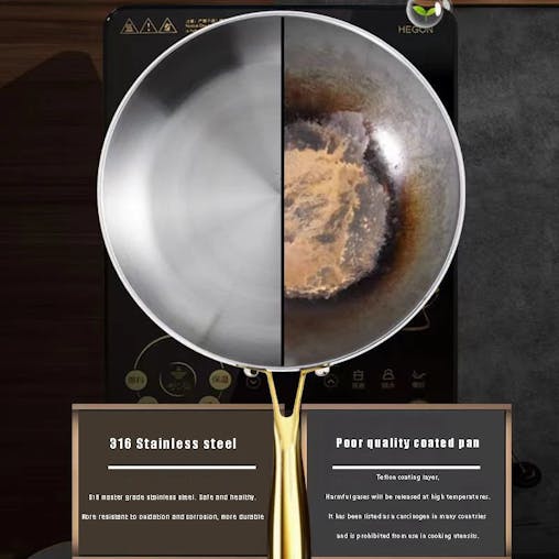 NNEOBA 316 Stainless Steel Nonstick Frying Pan 7-Ply Wok Pan Silver