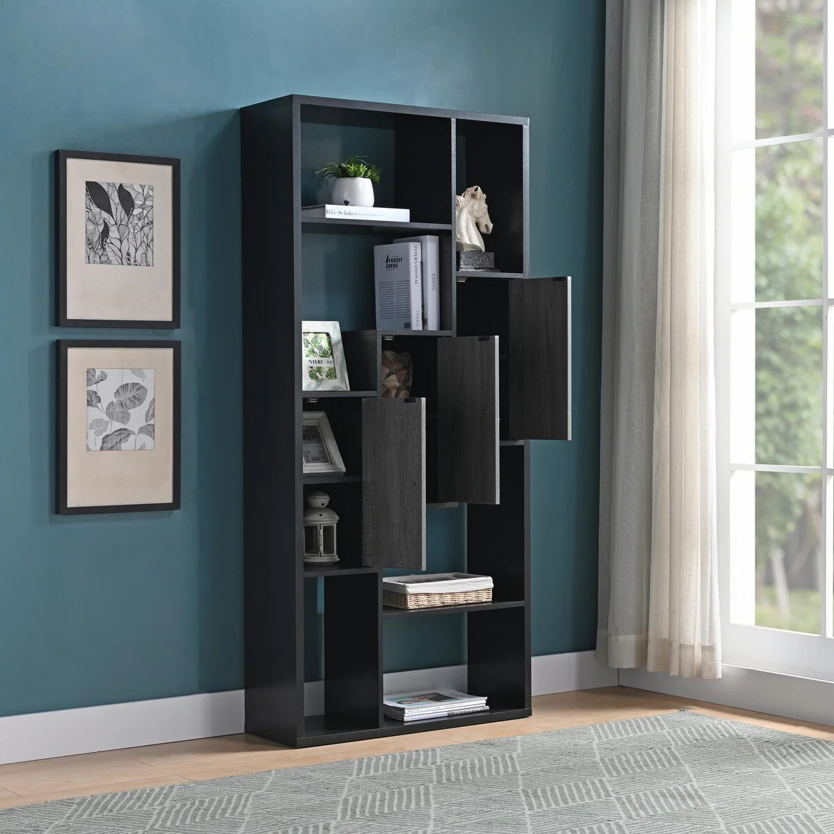 Bookcase Display Storage Cabinet, Multi Shelves Black & Distressed Grey