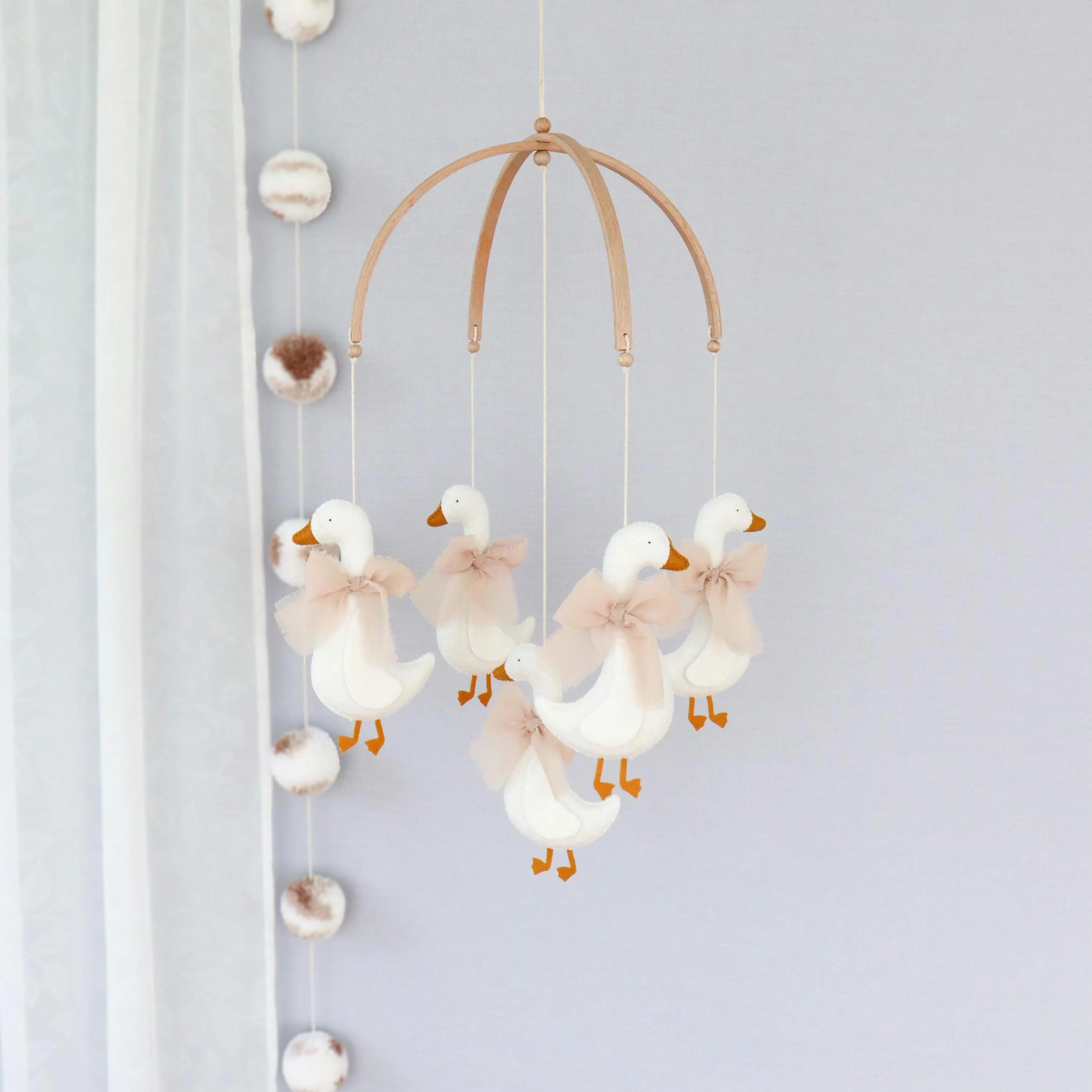 Coquette goose bow baby crib mobile, Vintage, farmhouse, rustic nursery decor, Neutral baby shower gift, Felt handing mobile, Duck nursery