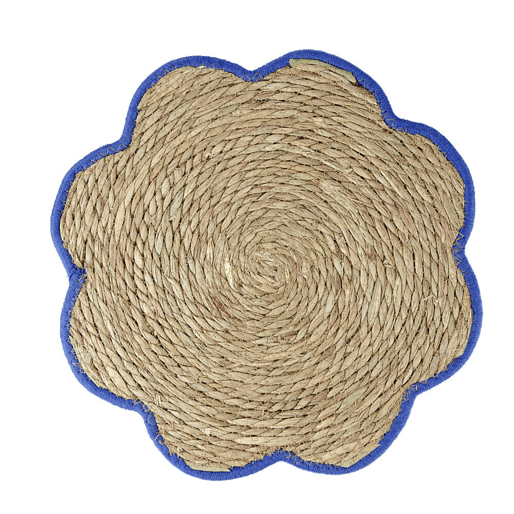 Set de table jonc de mer tressé et coton forme fleur contour bleu Ø38cm