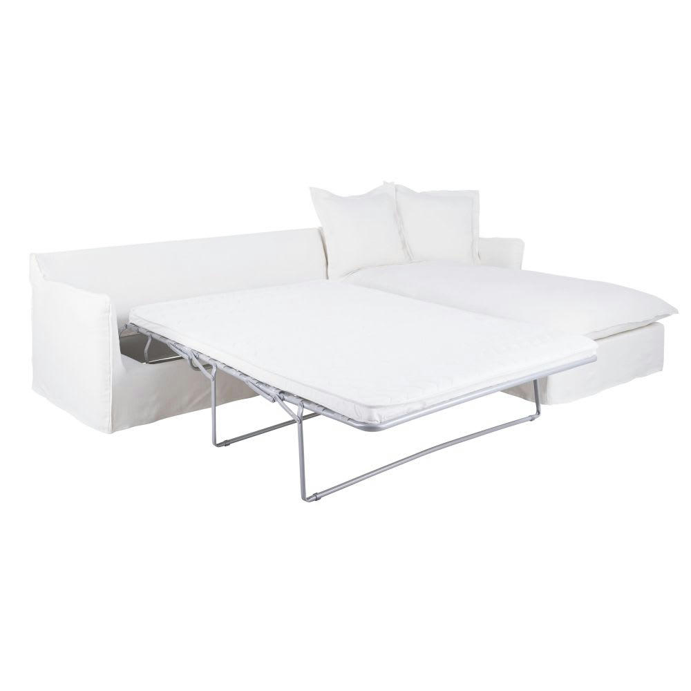 Barcelone - Canapé d'angle droit convertible 5/6 places en lin supérieur blanc, matelas 6 cm
