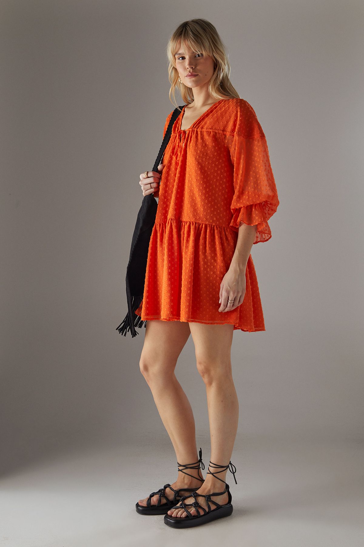 Warehouse Dobby Chiffon Volume Sleeve Smock Mini Dress