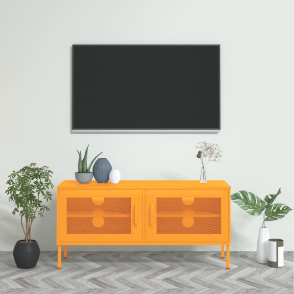 Szafka RTV Półka Stolik Pod Telewizor Musztardowa Stal 105x35x50 cm