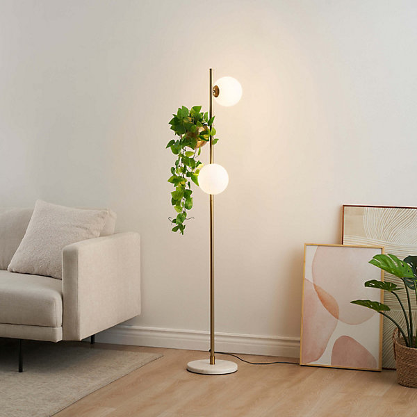 Lampadaire doré verre blanc avec support plante - Ortensia