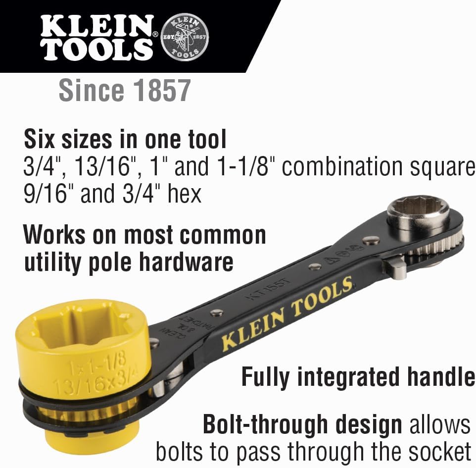 Klein Tools KT155T 6-In-1 Lineman's Ratcheting Wrench with Bolt Through Design and Bright Yellow Socket